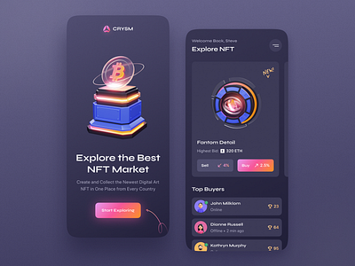 CRYSM. NFT Marketplace 3d 3dillustration 3dmodelling bitcoin branding crypto cryptoart illustration iosapp mobile app nft nft marketplace ui ux uxui vector