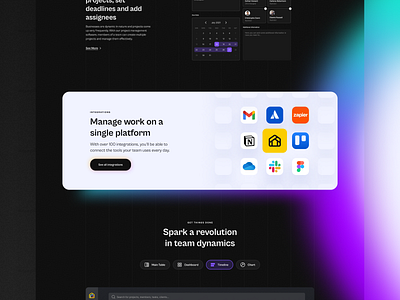 Product Landing Page asana cabinet grotesk card dark theme figma glow gmail gradient grotesk integrations landing page microsoft notion saas slack trello