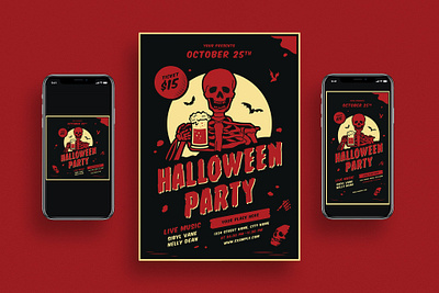 Retro Halloween Party Flyer + Social Media catalog clean design halloween halloween party halloween poster hallowen flyer horror illustration indesign magazine october party poster print printable pumpkin retro template thriller