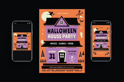 Halloween House Party Event Flyer Set catalog clean design event flyer flyer halloween flyer poster halloween illustration indesign magazine movie october party party event print printable scary template thriller