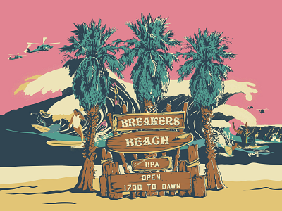 Breakers Beach IPA in the Wild affinity designer beach beer brand branding brewery design digital helicopter illustration ipa label logo military pink product surfer surfing vector veteran