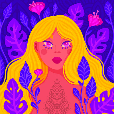 Facetober Day 1: Jungle, Wavy Hair, Tattoo charly clements drawing challenge face facetober flat design girl henna henna illustration henna tattoo illustration jungle leaves plants portrait pretty procreate prompt tattoo wavy hair woman