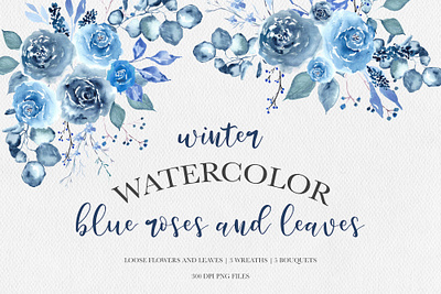 Winter watercolor blue roses clipart and loose flowers set blue watercolor winter roses watercolor loose flower watercolor roses clipart winter flower clipart