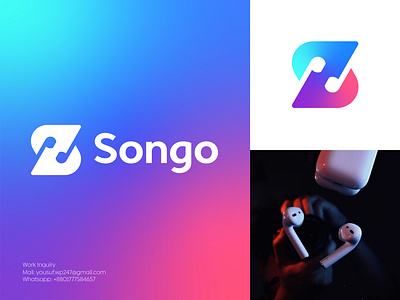 Songo Online Music Streaming App Logo airpod brand identity branding colorful flat gradient logo headphone iocn logo logo design logomark logos logotype minimalist logo modern logo music music streaming online s logo song