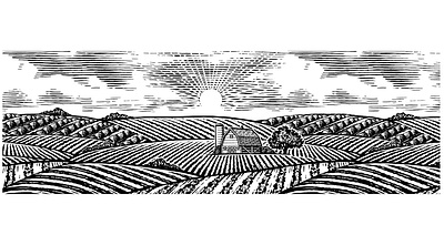 Farm Scene Woodcut agriculture artwork design engraving etching farm scene illustration ink art line art linocut scratchboard steven noble woodcut