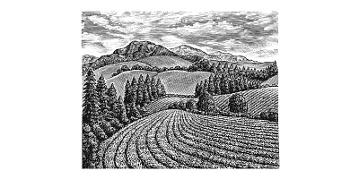 Mountain Landscape Woodcut artwork design engraving etching illustration landscape line art logo scratchboard steven noble woodcut