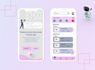 Medicaments reminder mobile app 3d moclups alarm app branding design health medicamnets mobile mobile app pill reminder pills pink purple reminder ui ui ux design user interface ux