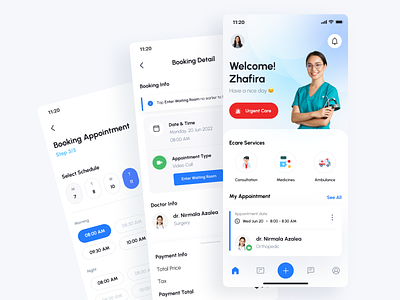 Ecare - Clinic App for Patient More Screens appointment blue booking booking detail calendar care clinic consultation doctor health home hospital mobile patient schedule summary treatment ui kit
