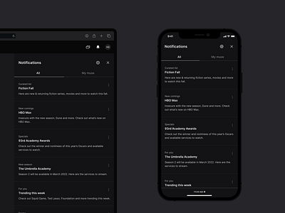 Notification center ✦ Muse app dark theme ios iphone mac mobile modal notification notifications popup product product design responsive saas segmentation ui ux web website