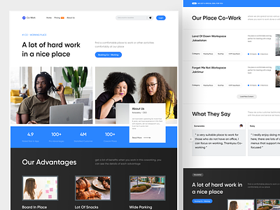 Co-Work - Workplace Landing Page alert book place booking category chips co-working cta footer landing page list item office search social proof testimonial ui ux web design website working place works