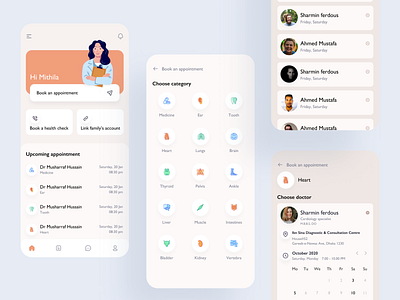 Doctor booking app booking app character design bright color clean component design doctor health minimal mobile orange ui ux