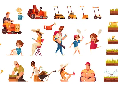 Lawn mower set cartoon equipment grass illustration mower people summer vector