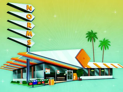 Norms Diner 1950s 50s architecture art california history diner fan art googie googie architecture la cienega la history los angeles los angeles history mid century neon sign norms norms diner norms restaurant sign
