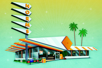 Norms Diner 1950s 50s architecture art california history diner fan art googie googie architecture la cienega la history los angeles los angeles history mid century neon sign norms norms diner norms restaurant sign