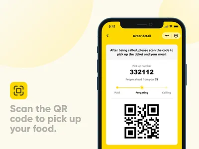 Hej, we are preparing your meal now! app card food food app food ordering food ordering app food pick up food preparation ikea one screen order detail pick up pick up number prepare progress bar qr code scan code scan qr code ui yellow