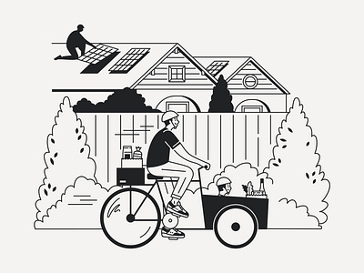 Quick ride to the grocery store. bicycle bike bungalow bushes carbon footprint character design city cityscape climate change eco friendly ecofriendly environmental family fatherhood landscape neighborhood parenthood solar energy solar panels