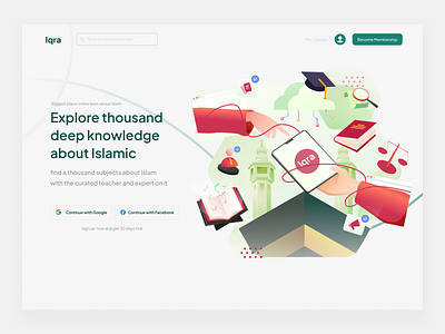 Iqra'-Online Platform learn about Islam course design education flat hand illustration header illustration islam kabah landing page ui