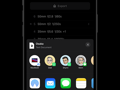 Export & Share airdrop analog app black dark document export ios iphone metadata mobile note notes overlay photography popup product design share ui ux
