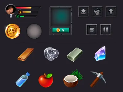 Ui and items for Lost Island Survival mobile game, part 2 art buttons game illustration items survival ui