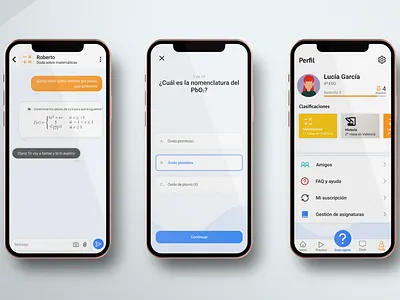 Education app screenshots - profile, test and chat app chat education mobile profile test ui