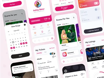 Ticket App UI Screens app app design app interface app ui branding design ecommerce graphic design interface mobile mobile app pink app pink ui ticket ticket app ui user interface ux vector visual identity