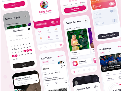 Ticket App UI Screens app app design app interface app ui branding design ecommerce graphic design interface mobile mobile app pink app pink ui ticket ticket app ui user interface ux vector visual identity