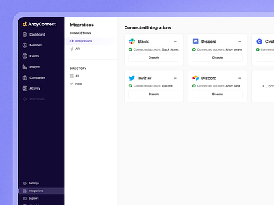 Integrations Directory - Initial Explorations apps community connections directory figma integrations minimal product design purple saas side menu side nav ui ui design ux design web