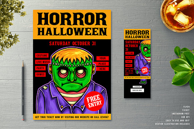 Halloween Flyer Zombie Monster brain catalog clean dark flyer flyer poster halloween halloween flyer halloween poster horror illustration magazine monster october print printable pumpkin template thriller zobie