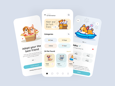 Pets mobile app adopt animal app branding cat categories dog friend graphic design illustration mobile navigation pets