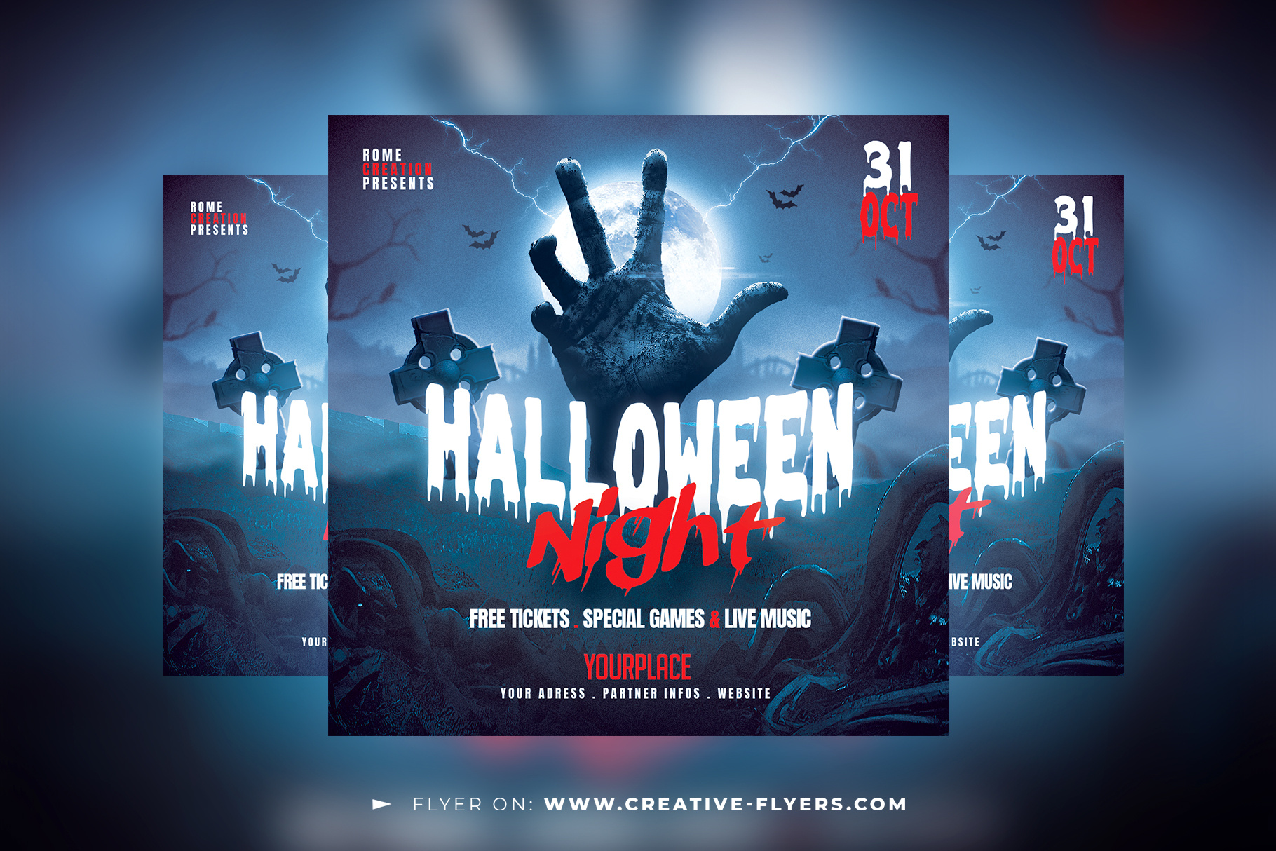 Halloween Night Flyer (PSD) Template dark flyer template flyer templates graphic design halloween halloween design halloween flyer halloween party horror october party flyer photoshop poster psd flyer zombie hand zombie party zombies