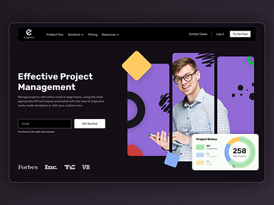 Project Management Software - Landing Page bold bold colors charts clean dark dark theme dark ui design desktop header hero landing landing page minimal minimalism project management project management analytics ui web design website