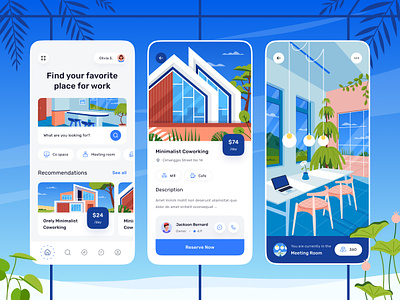 Co-working Mobile App Design 🤩 app application booking building cafe co working colorful coworking design house icon illustration laptop meeting mobile orely planr ui design work workspace