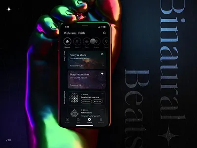 Binaural Beats App animation binaural beats dark app dark theme futuristic interaction mobile app music music app music player player protopie space ui ui ux ui design uidesign uiux uxui