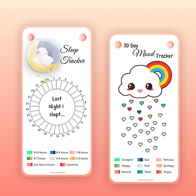 Sleep tracker, mood tracker app, self care app app app design health mood tracker peace self care self care self love sleep tracker ui ux