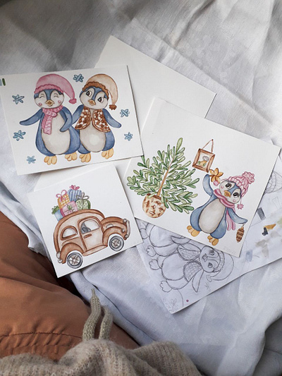 Character design of Christmas penguins animals brand character chartoo children illustration christmas drawing penguins watercolor сharacterdesign