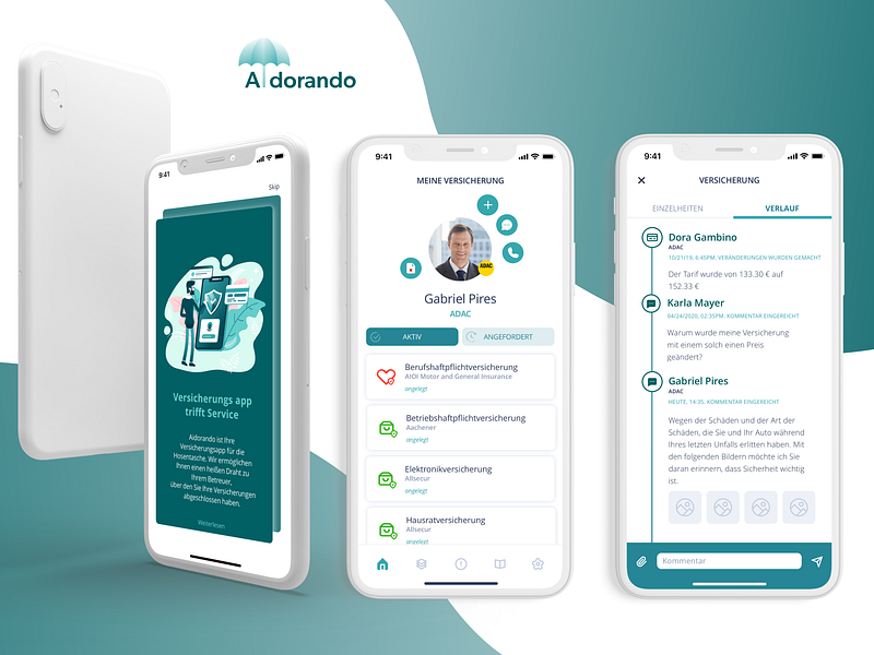 Aidorando • Insurance Management App app cards chat fintech insurance interaction mobile onboarding profile tabs turquoise ui ux