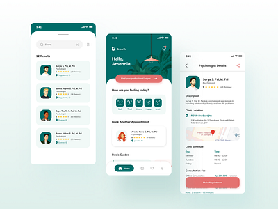 Growth - Mental Health Professional Finder app branding consultation consultation booking design health illustration logo mental mental health mental health app minimal mood tracker psychologist psychology typography ui uiux ux vector