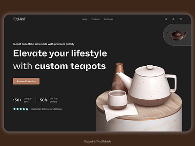 TEAVEST Hero Section dark theme dark ui design desktop design e commerce ecommerce hero section landing page minimalism shopping tea tea cups teapot ui web