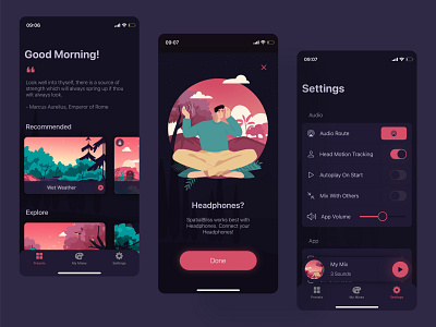 SpatialBliss app app character design illustration iosapp meditation meditationapp mentalhealth mindfullness music app relaxation ui uiux ux design