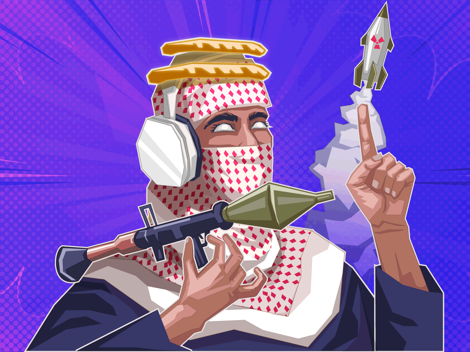 masked Arab/masked Muslim with missile ans bazooka caricature. anime drawing arab guy caricature art artist artwork avatar design caricature cartoon design art drowning face art fun art graphic design illustration illustrator portrait sketch sketch to vector vector art