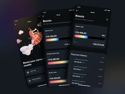 Noodle: Dark mode - on baking bank app banking app black cards dark dark mode financial financial app loan loans ui