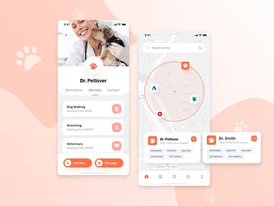Services app for pets animal app bird cat cuddle cute design doctor dog mobile pet service ui ux vet