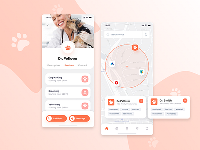 Services app for pets animal app bird cat cuddle cute design doctor dog mobile pet service ui ux vet