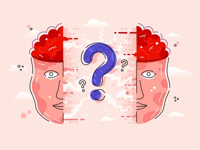 assess your knowledge by passing the test. adobe x marco adobe ai art artificial intelligence big head brain character dementia design flat game illustration knowledge lighting question mark test two half vector