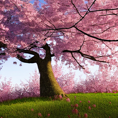 cherry blossom tree on a hill, ambient light, violent violent