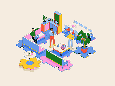 Office building character editorial google illustration isometric office patswerk puzzle tech vector workspace