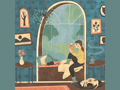 Rainy Days books dog editorial editorial illustration house illustration people rainy day reading texture vintage window women