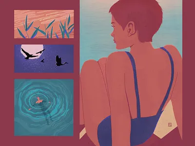 Summer sunset 2d beach by the sea characterdesign concept digital illustration girl harmony illustration night ocean peace of mind peaceful sea serenity summer sunset swimming swimsuit water