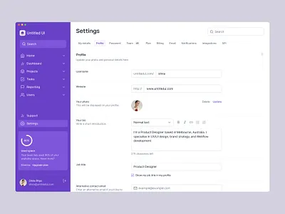 Profile settings page — Untitled UI app settings dashboard design system figma minimal minimalism preferences profile settings side bar sidebar sidenav simple ui kit web design