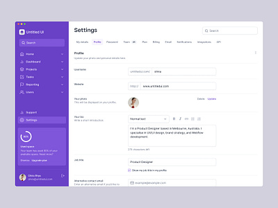 Profile settings page — Untitled UI app settings dashboard design system figma minimal minimalism preferences profile settings side bar sidebar sidenav simple ui kit web design